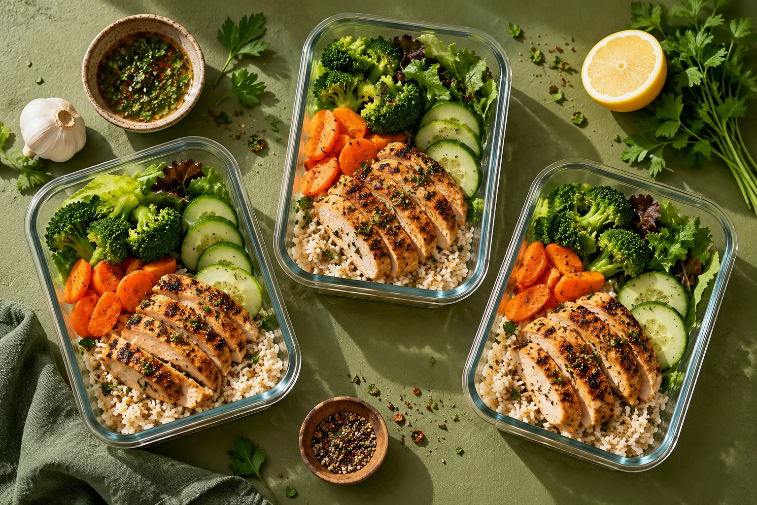 Colorful homemade meal prep with grilled chicken, rice, broccoli, and fresh vegetables